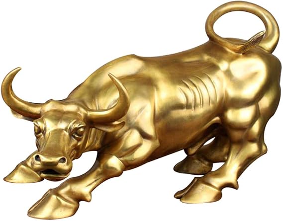 Feng Shui Bull Brass Statue, Wall Street Bull Sculpture Home Decoration Figurine,Golden Brass Cow Ornaments Ox Sculpture (8" L x 5.5" W x 5.5" H)