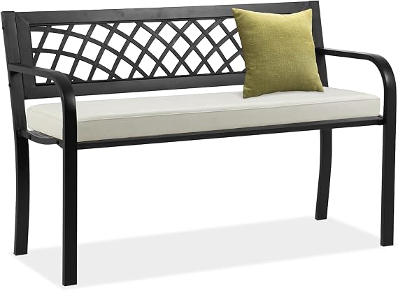 Outdoor Bench,Patio Garden Benches,Metal Weatherproof Porch Bench with Grid-Patterned Backrest and Armrest for Park Courtyard Porch,Bearing Capacity 480lbs,Black
