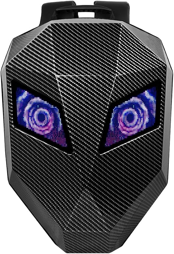 Gelrova Knight Motorcycle Backpack with LED Eyes, App Control Waterproof Hard Case Motorbike Bag, DIY Laptop Backpack for Riding, Cycling, Travel, Large Size 19in, Carbon fibre texture