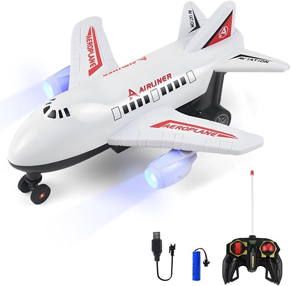 RC Plane Toy - Remote Control Aeroplane Toy with LED Flashing Lights, Indoor & Outdoor Toys Runs on Ground, Birthday Gift for Kids Ages 6+