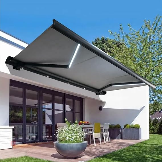 Electric Retractable Awning with Lights, Patio Awnings Sun Shade Shelter, Retractable Awning Patio Door Window Sunshade Shelter Outdoor Canopy,Grey,3X2