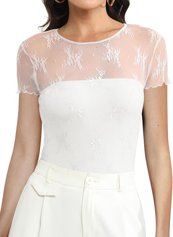 Ugerlov Women's Sexy Lace Bodysuit Short Sleeve Crew Neck Shirts Mesh See Through Bodysuit Top Slim Fit Sheer Blouse