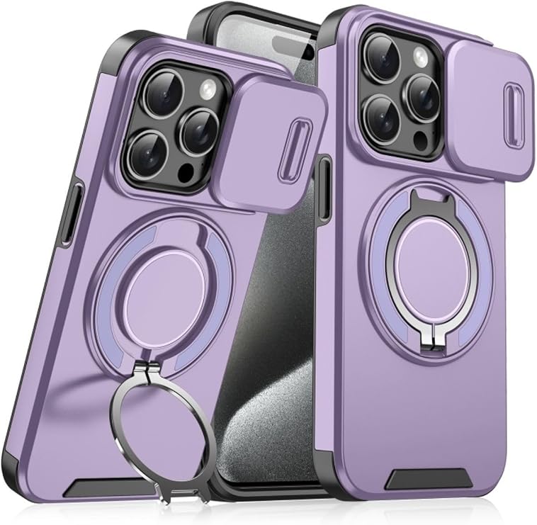iPhone 15 Pro için Magsafe ile Uyumlu Kılıf Kamera Korumalı Sürgülü 360 Derece Dönebilen Stand Darbelere Karşı Dayanıklı Renkli Tank Kapak