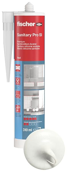 fischer Premium Sanitary Silicone for Sealing/Grouting in Sanitary/Kitchen areas Cartridge for Numerous Applications and Building Materials Lond-Term Protection from Mould 310 ml White