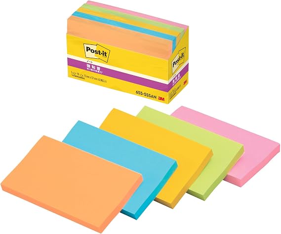 3M Post-it Notes, Strong Adhesion, Large Neon Colors, 75×127mm, 90 Sheets×5 Pads, 655-5SSAN