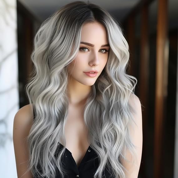 BERRYLION Long Gray Wigs for Women Ombre Grey wigs for Black Women Synthetic Wigs for Women 23inch