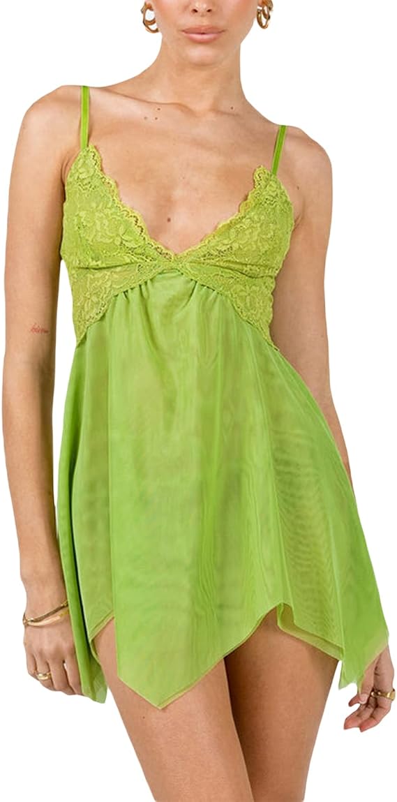 Amiblvowa Women Fairy Lace Trim Babydoll Dress Spaghetti Strap Mesh Backless Nightgown Lingerie Sexy Sleeveless Mini Dress