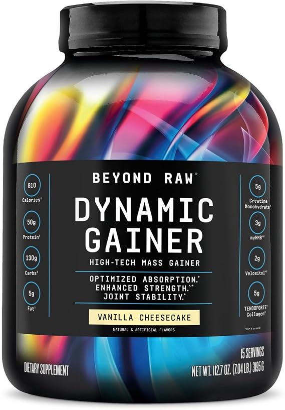 BEYOND RAW Dynamic Gainer | High-Tech Mass Gainer | Optimized Absorption, Enhanced Strength, and Joint Stability | Vanilla Cheesecake | 15 Servings