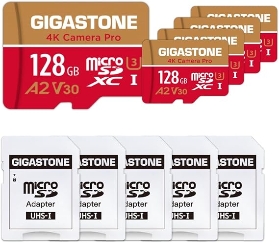 5-Yrs Free Data Recovery GIGASTONE 128GB Micro SD Card 5-Pack, 4K Camera Pro, Compatible with GoPro Switch 1, Speed 100MB/s. A2 U3 V30 Micro SDXC Card with SD Adapter.