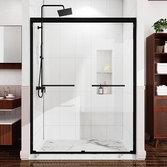 56-60" W x 72" H Semi-Frameless Shower Door | Double Sliding Shower Door | 1/4" (6mm) Tempered Glass | Anti-Leak Design | Stainless Steel Hardware | Matte Black