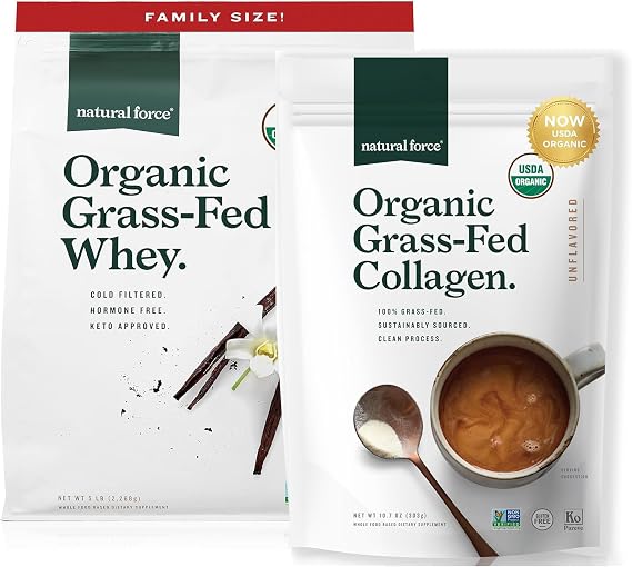 Natural Force Grass Fed Organic Whey Protein Powder Vanilla Flavor 5 lb Organic Clean Collagen Peptides Powder Unflavored, 10.7oz