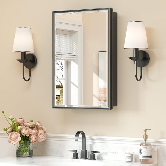 Keonjinn 16" x 24" Bathroom Medicine Cabinet with Mirror, Black, Assembled