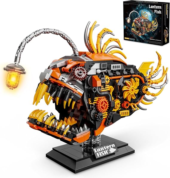 Mechanical Angler Fish Building Set with Light, Creative Ocean Lantern Fish Animal Toy for Home Office Decor, Compatible with Lego Shark, STEM Gift for Adults Teens Boys 8-14+ (1022 PCS)