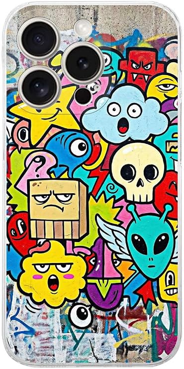 iPhone 15 Pro ile Uyumlu Grafiti Doodle Tasarımlı Şeffaf Silikon Kılıf