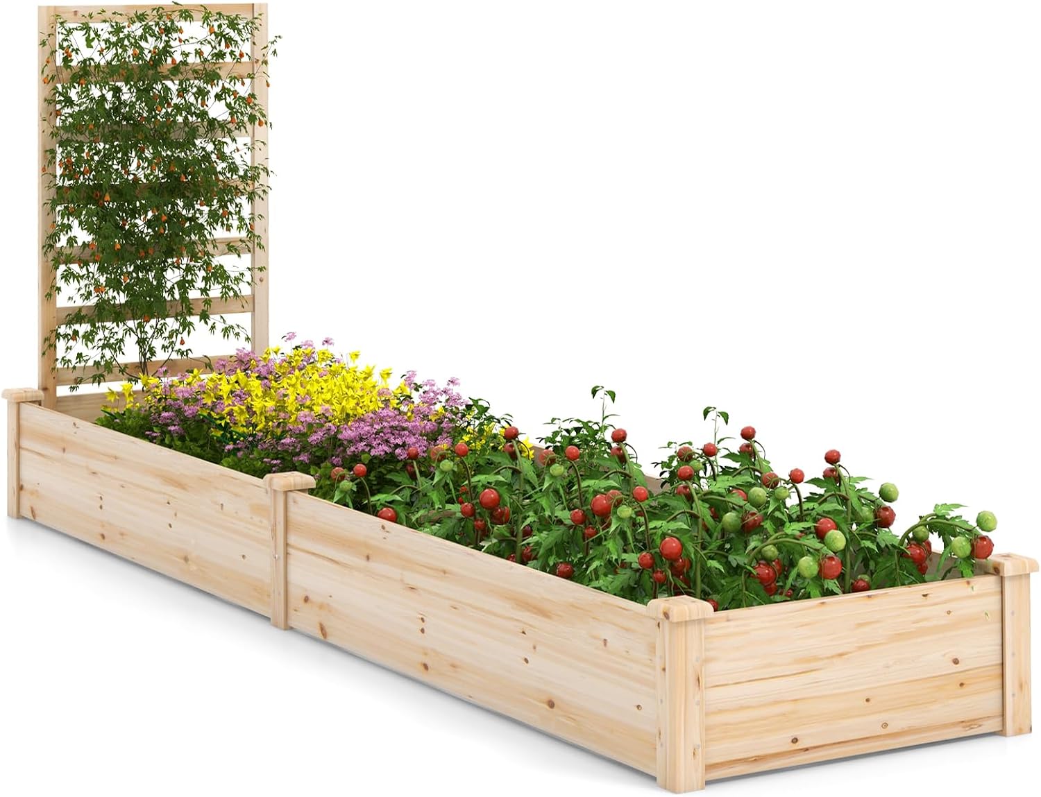 HAPPYGRILL Raised Garden Bed with Trellis, Wooden Planter Box with Divided Space for Vegetables, Flowers, Fruits, Climbing Plants, Outdoor Elevated Garden Bed for Yard Patio, 93”L x 25”W x 40”H