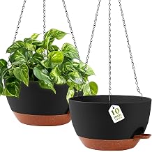 GARDIFE Hanging Planters for Indoor Outdoor Plants, 2 Pack Self Watering Hanging Pot with Drainage Holes & Removable Tray (Black)