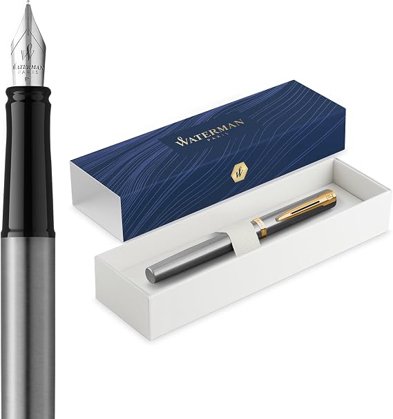 Waterman Impression Fountain Pen | Fine Nib with Blue Ink Refill | Stainless Steel with Gold-Coated Trim | Gift Box