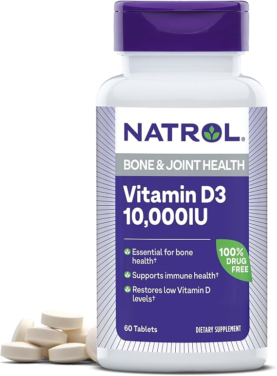 Natrol Vitamin D3 10,000 IU Tablets, Supports Immune Health, 60 Count | Dietary Supplement for Immune, Bone and Joint Health, Restore Low Vitamin D3 Levels, 100% Drug-Free