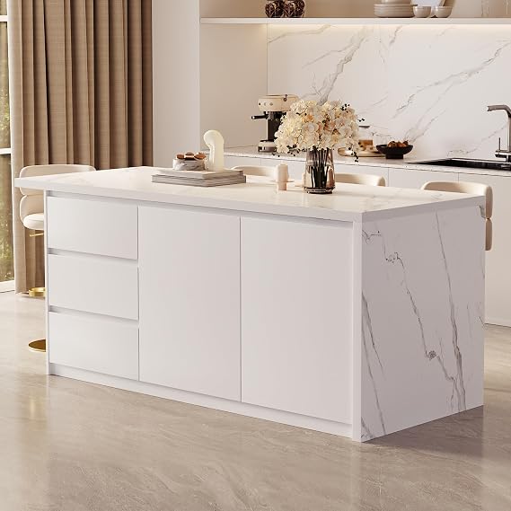 Homary Kitchen Island Unit with Marble-Effect Top – 183cm White Freestanding Kitchen Island Cabinet with 3 Drawers, 8 Open Shelves & Breakfast Bar Seating (White, 183cm)
