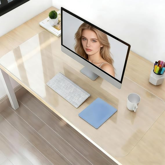 Clear Desk Mat Pad, Transparent Computer Desk Mat Plastic Desktop Protector, PVC Writing Pad with Round Edge, Waterproof Wipeable Non-Slip Table Protector for Home Office 19in x 43in