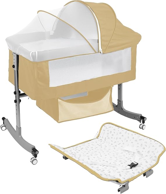 Baby Bedside Sleeper Bassinet with Changing Table & Mosquito Net, 39.4x23.6in, Portable, 6-Height Adjustable31"-35", 4-in-1 Iron Frame, Silent Wheels & Brakes, Breathable Mesh, Khaki, 0-24 Months