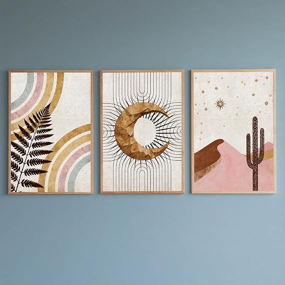 PWAAHDC Boho Abstract Wall Art Prints Set of 3, Unframed Modern Posters for Living Room and Bedroom, Minimalist Home Wall Decor, A4