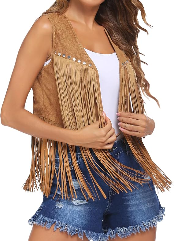 Women Western Tassels Vest Tops 70s Hippie Faux Suede Fringe Vests Jacket Cardigan Open Front Rodeo Cowgirl Shirt