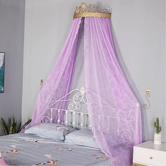Princess Bed Canopies & Drapes with Golden Metal Crown, Nordic Lace Hanging Bed Curtain Court Mosquito Net for Full King Queen Bed