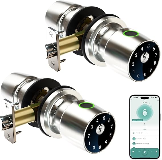 IRONZON Fingerprint Door Knob for Bedroom - 2Pcs 291Y 4-in-1 Keyless Bedroom Door Knob Smart Lock with App, One-tap Privacy Mode Setup, Auto-Lock Easy to Install - Satin Nickel
