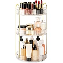 360 Rotating Makeup Organizer, 3-Tier Acrylic Cosmetic Storage Display, Gold Posts, 18.5 Inch Height, Spinning Vanity Tower - Clear