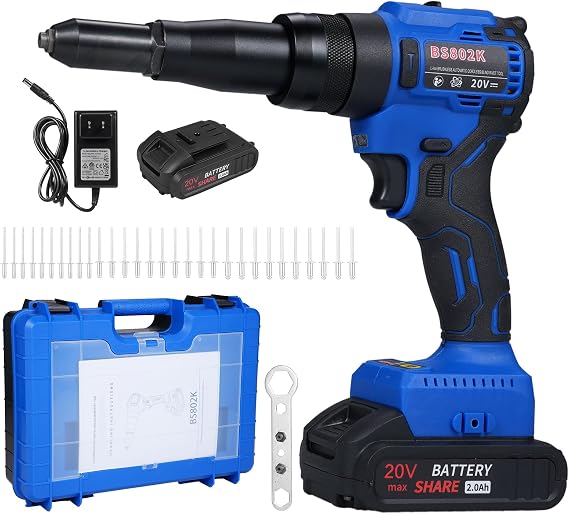 Weytoll Cordless Rivet Machine, Portable 20V Lithium Battery Charging Full-Automatic Core Pulling Rivet Machine Professional Kit,with 30Pcs Rivets, for 1/8'', 5/32'', 3/16'' Rivets