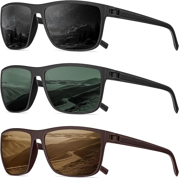 3 Pack Retro Square Polarized Sunglasses for Men UV Protection Rectangular Outdoors Sunglasses with Trendy Frame, Black/Dark Green/Tawny, M
