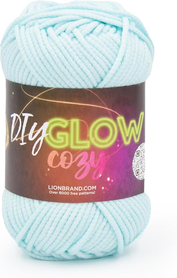 Lion Brand Yarn, DIY Glow Cozy Glow in the Dark Yarn, Aqua, Blue, 1 Pack | Worsted Weight Soft Tube Knit & Crochet Fiber for Halloween Costumes, Decor, Pillows, Trim, Glow in the Dark Bags