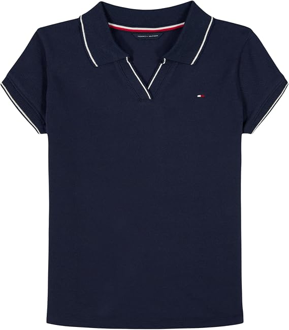 Tommy Hilfiger Girls' Short Sleeve Polo Shirt, V-Neck Placket with Ribbed Collar