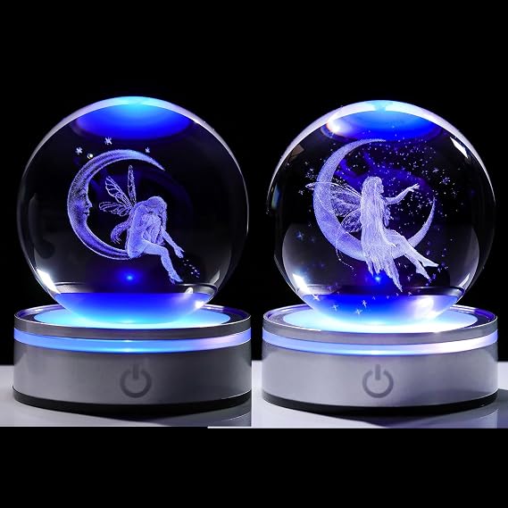 Movdyka 3D Crystal Ball Moon & Fairy Figurines Decor Gifts for Women Girls with Colorful LED Base, Laser Eatch Glass Fairy Statue Snow Globe Home Decor Crafts - 3.15"/8CM