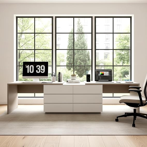 144-Inch Extra Long L-Shaped Double Desk with 6 Dustproof Drawers