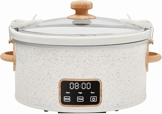 Country Charm Collection 6-Quart Digital Slow Cooker With Locking Lid, Programmable Settings, Removable Stoneware, Portable Crock Pot for Family Meals (Linen Speckle)