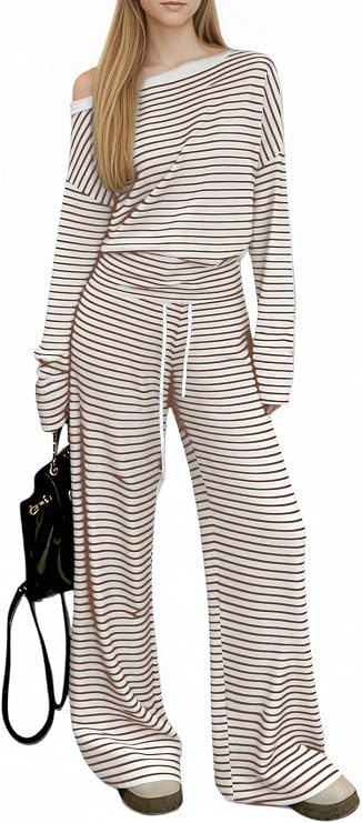 Women's Striped Matching 2 piece Sets Off-Shoulder Long Sleeve Top Drawstring Wide-Leg Pants Loungewear Outfit