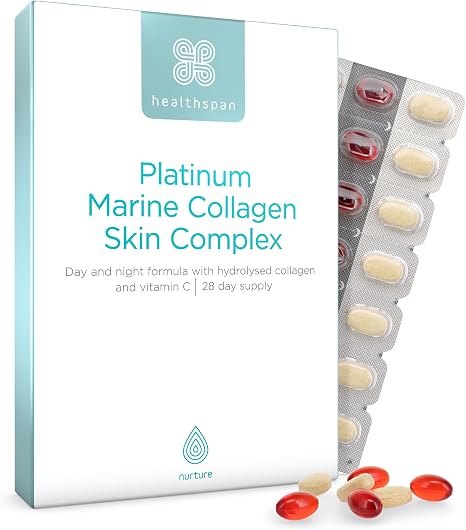 Healthspan Platinum Marine Collagen Skin Complex (28-Day Supply) High Quality Day & Night Preparation Contains Marine Collagen Peptides Vitamin C & Micronutrients Supports Skin Health