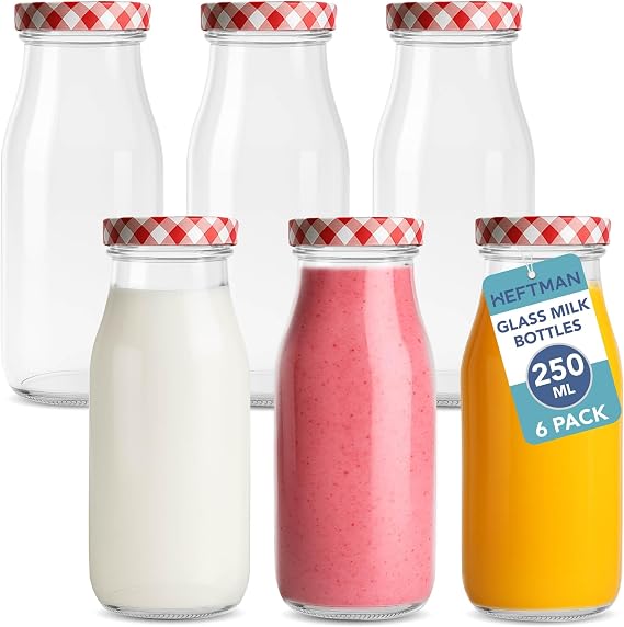 HEFTMAN Glass Milk Bottles with Lids 250ml, Set of 6