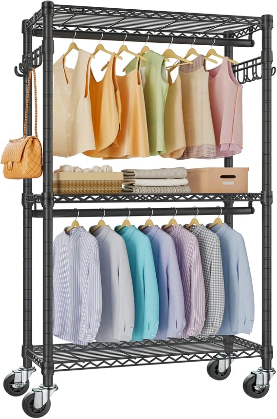 VIPEK V12 Rolling Clothes Rack Heavy Duty Clothes Rack for Hanging Clothes Adjustable Metal Wire Shelf Portable Closet with Wheels Side Hooks Freestanding Closet Wardrobe Medium Black