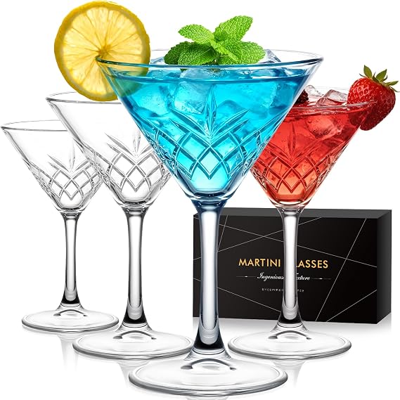 Martini Glasses Set of 4, Diamond Style Classic Crystal Glass Cocktail Glasses with Exquisite Box, Clear Hand Blown Coupe Glasses for Drink, Martini, Espresso Martini, Home Bar