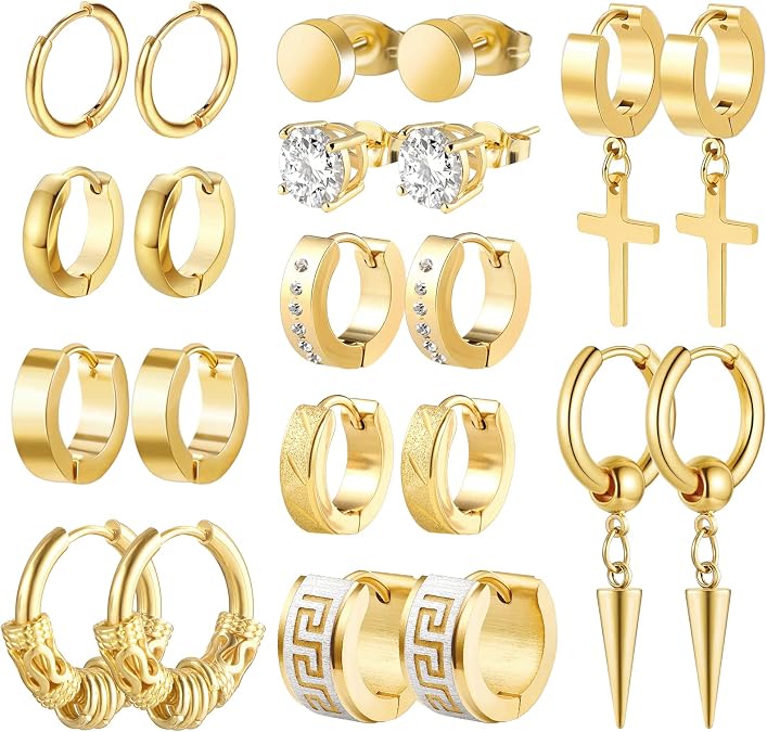 Men Earrings, Funtopia 11 Pairs Stainless Steel Small Hoop Earrings