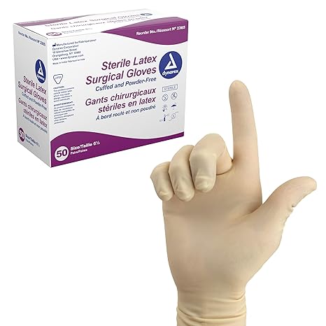 Dynarex 2365 Sterile Disposable Latex Surgical Gloves, Powder-Free, Packaged in Pairs, Medical and Healthcare Use, Veterinary Clinic, Bisque, Size 6.5, 1 Box of 50 Pairs of Gloves (Packaging May Vary)