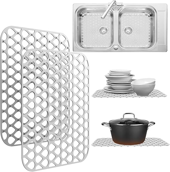 2 Pack Sink Protectors for Kitchen Sink, 13.4"x11.4" Non-Slip Silicone Sink Mats Protect Your Stainless Steel Bottom of Kitchen Sink or Drying Rack, Eco-Friendly & Stain-Free Kitchen Sink Mat - White