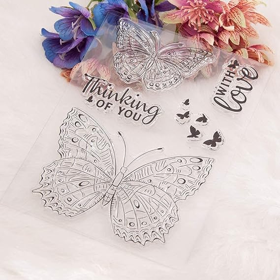 Butterfly Clear Stamps for Card Making and Photo Album Decorations, Thinking of You Words Transparent Silicone Rubber Stamps Seal for DIY Scrapbooking