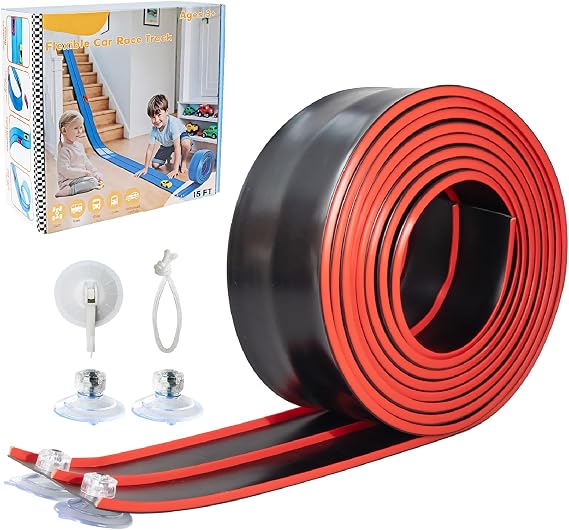 Flex Track 4.5m Starter Set, Flexible Race Car Ramp Track for Ages 3 & Up with Suction Cups Compatible with Diecast 1/64th Cars (Black