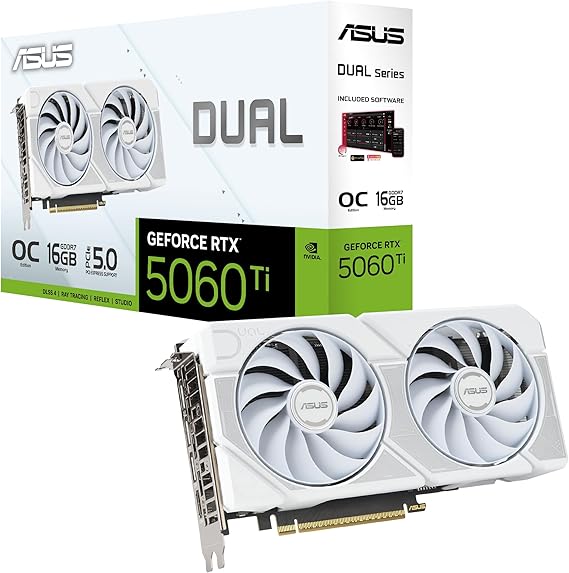 ASUS Dual GeForce RTX 5060 Ti 16GB GDDR7 White OC Edition (PCIe 5.0, 16GB GDDR7, DLSS 4, HDMI 2.1b, DisplayPort 2.1b, 2.5-slot design, Axial-tech fan design, 0dB technology)