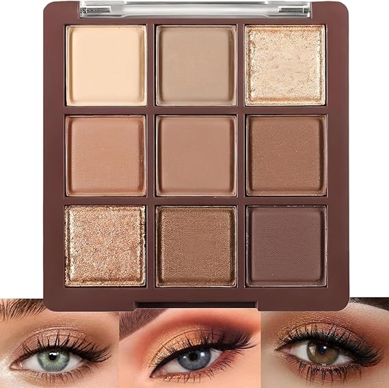 Brown Eyeshadow Palette, Eye Shadow Pallets for Women, 9-Color Matte Shimmer Glitter Neutral Makeup Palette with Nude Gold Eyeshadow, Highly Pigmented Cream Eyeshadows with Bronzer & Contour