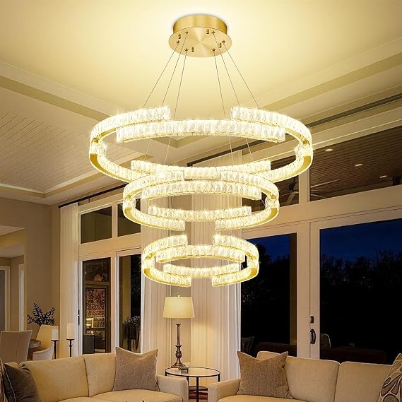 D40''+D27.5''+D15.7'' Modern Gold 3 Ring Crystal Chandeliers for Living Room Crystal Pendant Light Foyer Entrance LED Dimmable 3000-6000K Fixtures